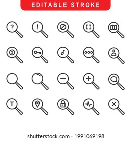 Simple Set of Magnifying Glass Related Vector Line Icons. Contains such Icons as Zoom In, Zoom Out, Search, Disable Search and more. Editable Stroke.