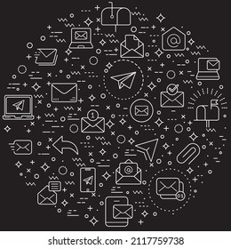 Simple Juego de correo y letra Ilustración de líneas vectoriales relacionadas. Contiene iconos como sobres, correo electrónico, buzón, esencial, contacto, boletín, suscripción y otros elementos