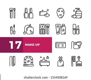 Simple Set of Make-up and Beauty Related Vector Line Icons Isolated. Contains such Icons as Nail Polish, Perfume, Face Mask, Sun Cream, and more.