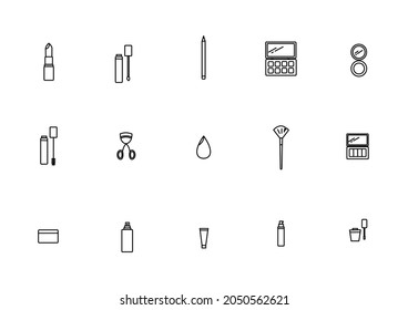 Simple Set of Makeup Related Vector Line Icons. Contains icons such as Lipstick, Lip gloss, eye liner, Eyeshadow palette , Blush, Mascara , Eyelash curler, Beauty blender and more.
