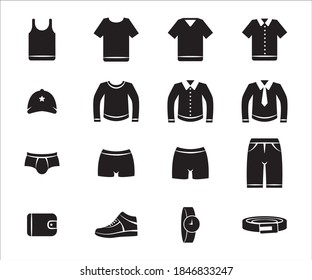 Simple Set of male men's outfit wear Related Vector icon graphic design template. Contains such Icons as clothe, shirt, pant, short, underwear, button shirt, wallet, shoe, watch, and belt