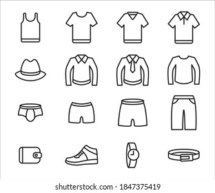 Simple Set of male men's outfit wear Related Vector icon graphic design template. Contains such Icons as clothe, shirt, pant, short, underwear, button shirt, wallet, shoe, watch, and belt