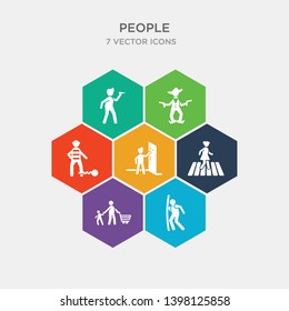 simple set of man pushing a door with his body, father and son shopping, crossing road, man knocking a door icons, contains such as icons war prisioner, cowboy with a gun, man throwing dart and