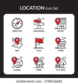Conjunto simple de iconos de línea de vectores de mapa y ubicación con color y sombra 