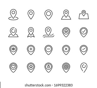 Simple set of map pin icons in trendy line style. Modern vector symbols, isolated on a white background. Linear pictogram pack. Line icons collection for web apps and mobile concept.