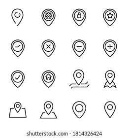 Conjunto simple de iconos de pines de mapa en estilo de línea de moda. Símbolos vectoriales modernos, aislados en un fondo blanco. Envase para pictogramas lineales. Colección de iconos de línea para aplicaciones web y concepto móvil.