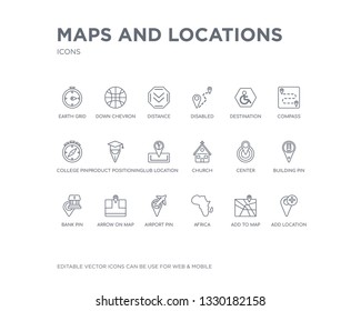 simple set of maps and locations vector line icons. contains such icons as add location, add to map, africa, airport pin, arrow on map, bank pin, building pin, center, church and more. editable