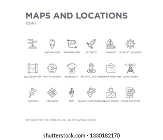 simple set of maps and locations vector line icons. contains such icons as phone location, placeholder, places to photograph, port, precision, push pin, radio tower, remove from map, remove location