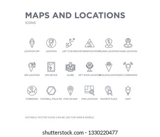 simple set of maps and locations vector line icons. contains such icons as east, favorite place, find location, find on map, football field pin, forbidden, geo cordinates, geolocalization, gift shop