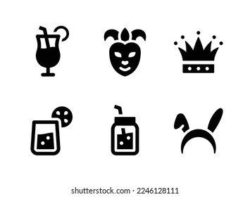 Simple Set of Mardi Gras Festival Related Vector Solid Icons. Contains Icons as Cocktail, Party Mask, Crown and more.