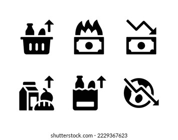 Conjunto simple de iconos sólidos vectoriales relacionados con la economía de mercado. Contiene íconos como inflación de alimentos, quema de dinero, recesión y más.