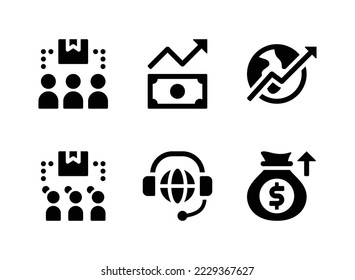 Conjunto simple de iconos sólidos vectoriales relacionados con la economía de mercado. Contiene íconos como consumidores, beneficios, crecimiento global y más.