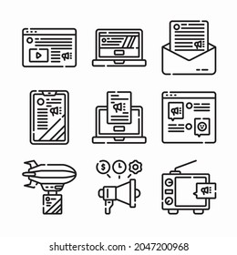 Ajuste simple de iconos de línea de vectores de medios de marketing. Línea con trazo editable
