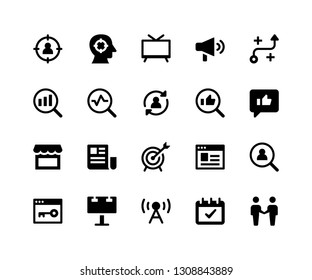 Simple Set of Marketing Related Vector Glyph Icons. Contains such Icons as target, strategy, feedback, goal and More. pixel perfect vector icons based on 32px grid. Well Organized and Layered