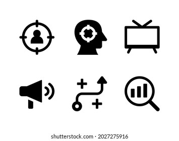 Einfache Set von marketingbezogenen Vector Solid Icons. Enthält Symbole als Ziel, Publikum, Fernsehen, Laute und mehr.