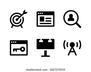 Simple Set of Marketing Related Vector Solid Icons. Contains Icons as Goal, Sync Account, Feedback, Store and more.
