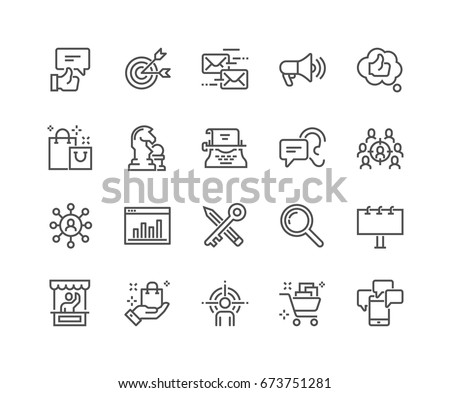 Simple Set of Marketing Related Vector Line Icons. 
Contains such Icons as Mail Marketing, Target Audience, Keywording, Product Presentation and more.
Editable Stroke. 48x48 Pixel Perfect.