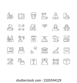 Simple Set of Mass Production Related Vector Line Icons. Contains such Icons as Industrial Oven, Robot Manipulator, Warehouse, Painting Bot and more. Editable Stroke.