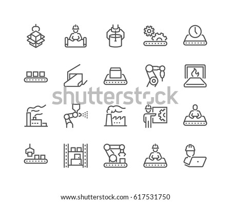 Simple Set of Mass Production Related Vector Line Icons. 
Contains such Icons as Industrial Oven, Robot Manipulator, Warehouse, Painting Bot and more.
Editable Stroke. 48x48 Pixel Perfect.