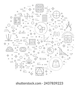 Simple Set of mathematics and math Related Vector Line Illustration. Contains such Icons as accounting, abacus, graph, algebra, elementary, analysis, probability, calculator and more.