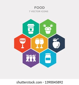 simple set of mayonnaise, dried fish, apple with leaf, stemware icons, contains such as icons glasses of wine, zombie muffin, disposable paper cup and more. 64x64 pixel perfect. infographics vector