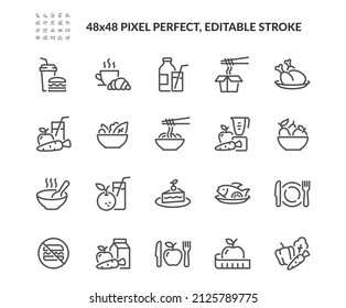 Simple Conjunto de Iconos de Línea Vectora Relacionados con la Comida. Contiene íconos como la cesta de fruta, los codazos, los suavizantes saludables y más. Stroke editable. 48x48 Pixel Perfecto.