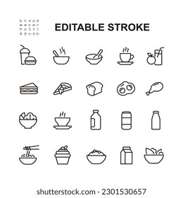 Simple Conjunto de Iconos de Línea Vectora Relacionados con la Comida. Contiene íconos como la cesta de fruta, los codos y más. Stroke editable.