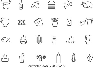 Conjunto simple de iconos de línea de Vector relacionados con la comida Contiene iconos como: hamburguesa, pollo, aros de cebolla, kebab.