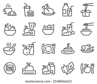 Simple Set of Meal Related Vector Line Icons. Contains such Icons as Fruit Basket, Noddles, Healthy Smoothies and more. Editable Stroke.