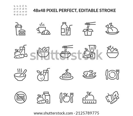 Simple Set of Meal Related Vector Line Icons. Contains such Icons as Fruit Basket, Noddles, Healthy Smoothies and more. Editable Stroke. 48x48 Pixel Perfect.