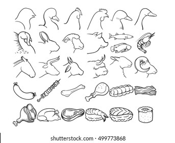 Simple set of meat and animal icons vector line