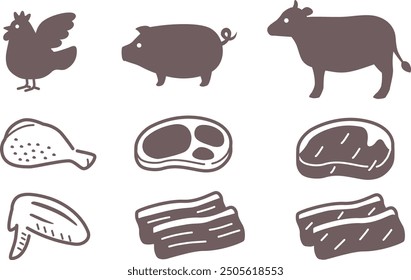 A simple set of meat and animal illustrations. Chicken, pork, beef