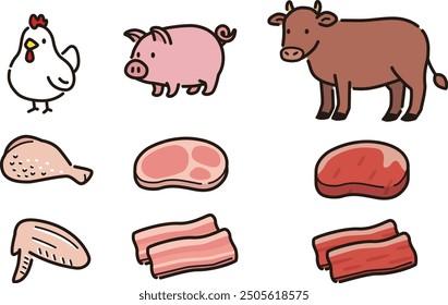 Un simple conjunto de ilustraciones de carne y animales. Pollo, cerdo, carne de res