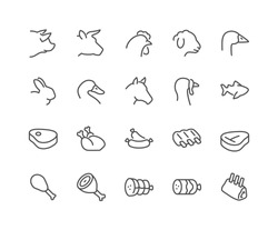Simple Set Of Meat Related Vector Line Icons. 
Contains Such Icons As Pork, Beef, Goose, Rabbit, Duck, Horse, Turkey, Fish And More. 
Editable Stroke. 48x48 Pixel Perfect. 