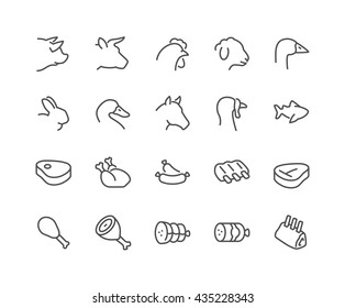 Simple Set of Meat Related Vector Line Icons. 
Contains such Icons as Pork, Beef, Goose, Rabbit, Duck, Horse, Turkey, Fish and more. 
Editable Stroke. 48x48 Pixel Perfect. 