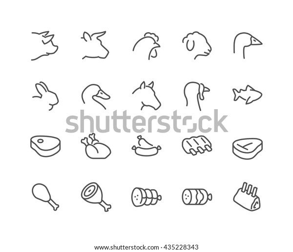 Simple Set of\
Meat Related Vector Line Icons. \
Contains such Icons as Pork,\
Beef, Goose, Rabbit, Duck, Horse, Turkey, Fish and more. \
Editable\
Stroke. 48x48 Pixel Perfect.\
