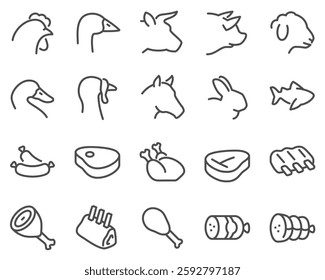 Simple set of meat vector icons. Contains icons such as pork, beef, goose, rabbit, duck, horse, turkey, fish and more.