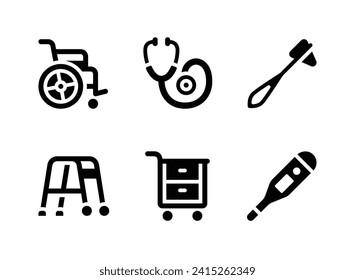 Simple Set of Medical Equipment Related Vector Solid Icons. Contains Icons as Wheelchair, Stethoscope, Reflex Hammer and more.