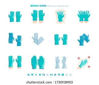 Simple set of Medical Gloves. Covid-19 or Coronavirus Disease 2019 Prevention Related. Flat Green, blue, White Color Icons Set. 64x64 Pixel.  Vector Illustration EPS 10.