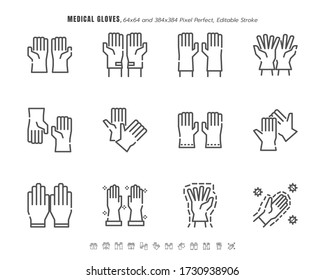 Simple set of Medical Gloves. Covid-19 or Coronavirus Disease 2019 Prevention Related. Line Outline, Icons Set. 64x64 Pixel Perfect. Editable Stroke. Vector Illustration EPS 10.