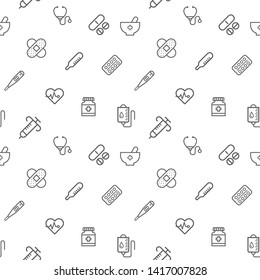 Simple Set Of Medical And Hospital Seamless Pattern Grey Vector On White Background. Contains Such Icons As Medicine, Drug, Cure And More. Modern Style Line Drawing. 