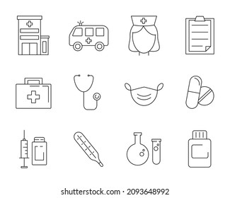 Conjunto simple de iconos lineales médicos. Contiene iconos como hospital, enfermero, prescripción, ambulancia, etc. Vector