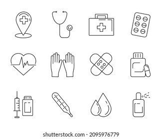 Conjunto simple de iconos lineales médicos. Contiene íconos como pastillas, kit de primeros auxilios, jeringa, antiséptico, etc. Vector