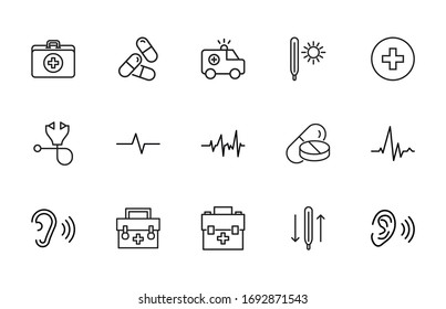 Simple set of medical modern thin line icons. Trendy design. Pack of stroke icons. Vector illustration isolated on a white background. Premium quality symbols.