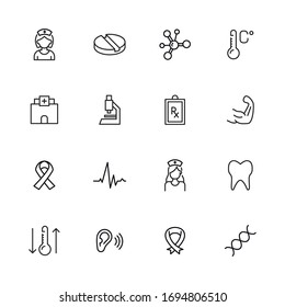 Conjunto simple de iconos modernos médicos de línea delgada. Diseño moderno. Paquete de iconos de trazo. Ilustración vectorial aislada en un fondo blanco. Símbolos de calidad superior.