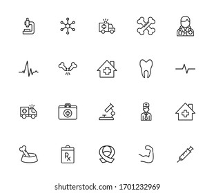 Conjunto simple de iconos modernos médicos de línea delgada. Diseño moderno. Paquete de iconos de trazo. Ilustración vectorial aislada en un fondo blanco. Símbolos de calidad superior.