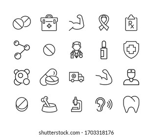 Simple set of medical modern thin line icons. Trendy design. Pack of stroke icons. Vector illustration isolated on a white background. Premium quality symbols.