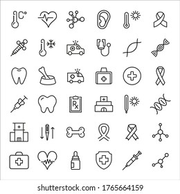Simple conjunto de íconos médicos modernos de línea delgada. Diseño de moda. Paquete de iconos de trazo. Ilustración vectorial aislada en un fondo blanco. Símbolos de calidad premium.