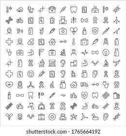 Einfache Sammlung medizinischer moderner Dünnliniensymbole. Trendloses Design. Paket mit Strichsymbolen. Vektorgrafik einzeln auf weißem Hintergrund. Symbole in Premium-Qualität.