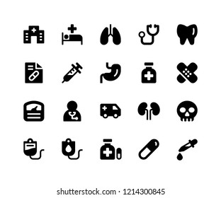 Simple Set of Medical Related Vector Glyph Icons. Contains such Icons as hospital, medical, lungs, doctor, teeth and More. pixel perfect vector icons based on 32px grid. Well Organized